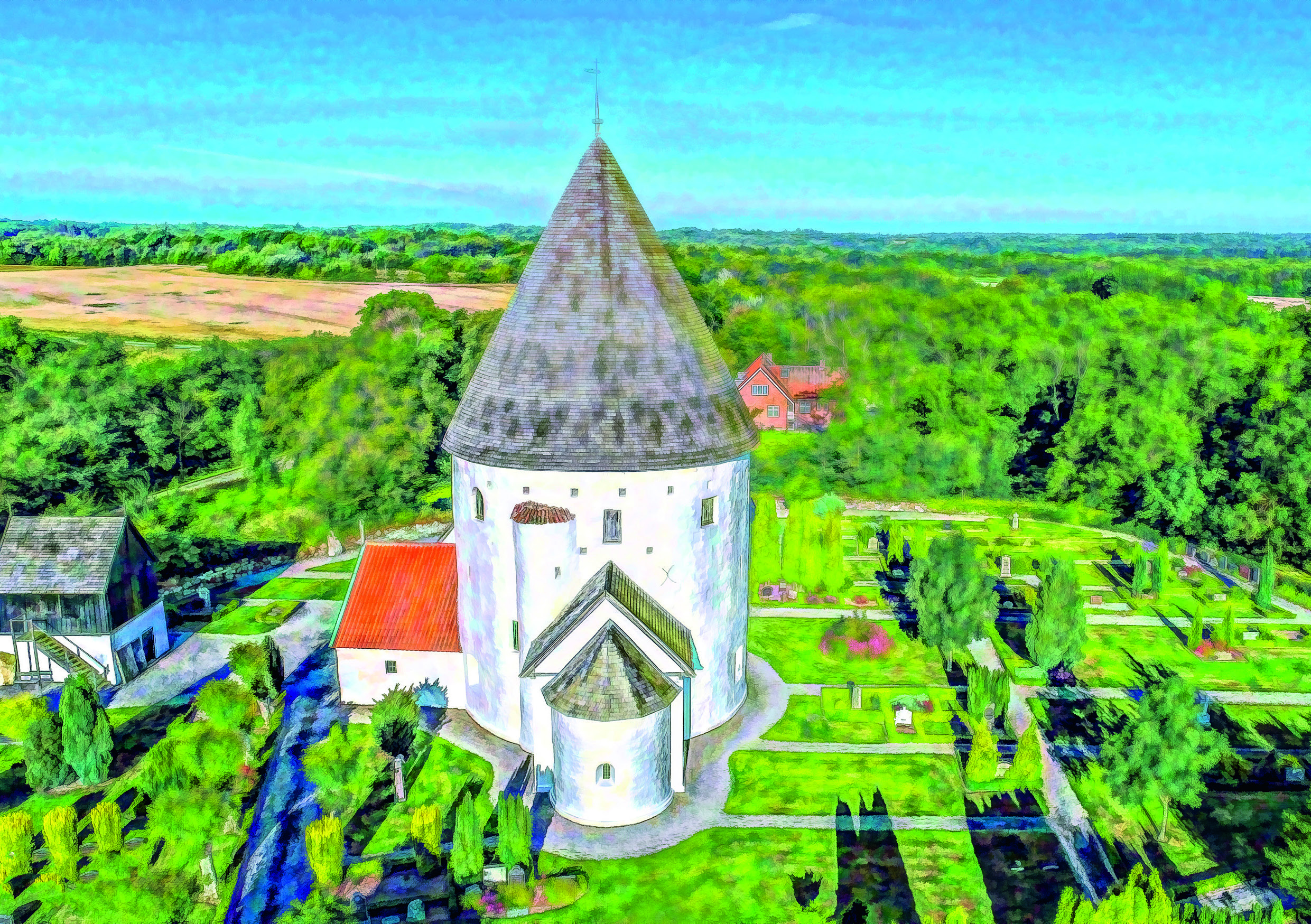 Art 21013 - Olsker Rundkirke set fra luften - forside