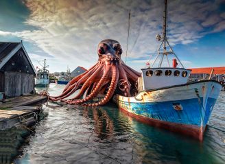 Gigantisk blæksprutte i havn med fiskerbåd lowres