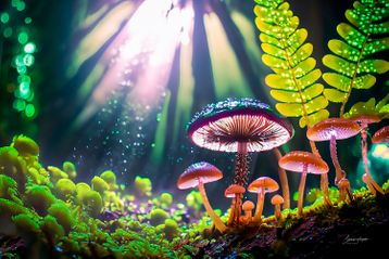 Lys skinner ind gennem regnskovens tag på psykedeliske svampe